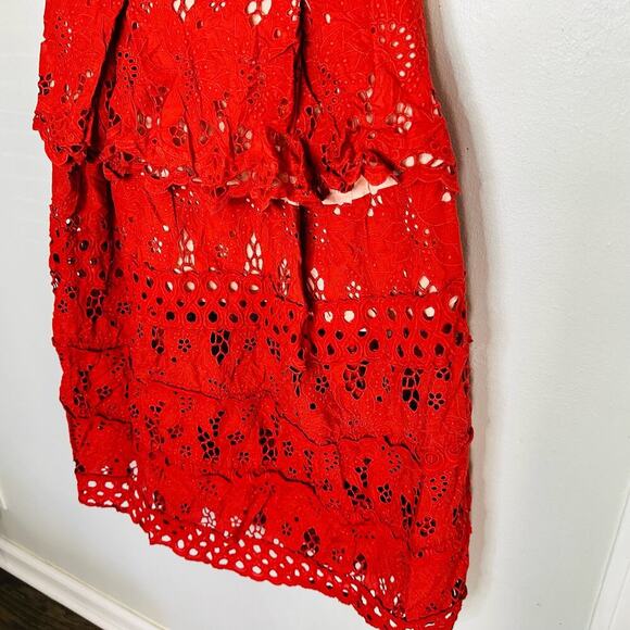 THREE FLOOR Damsel Sweetheart Burnt Orange Overlay Tie Shoulder Eyelet Dress 6 - Picture 7 of 13
